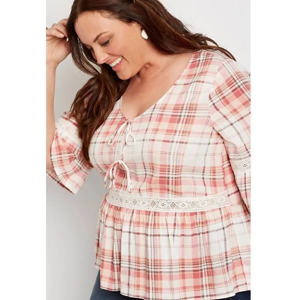 Maurices Light Weight  Plaid Double Tie Bell Sleeved Top Size 2X